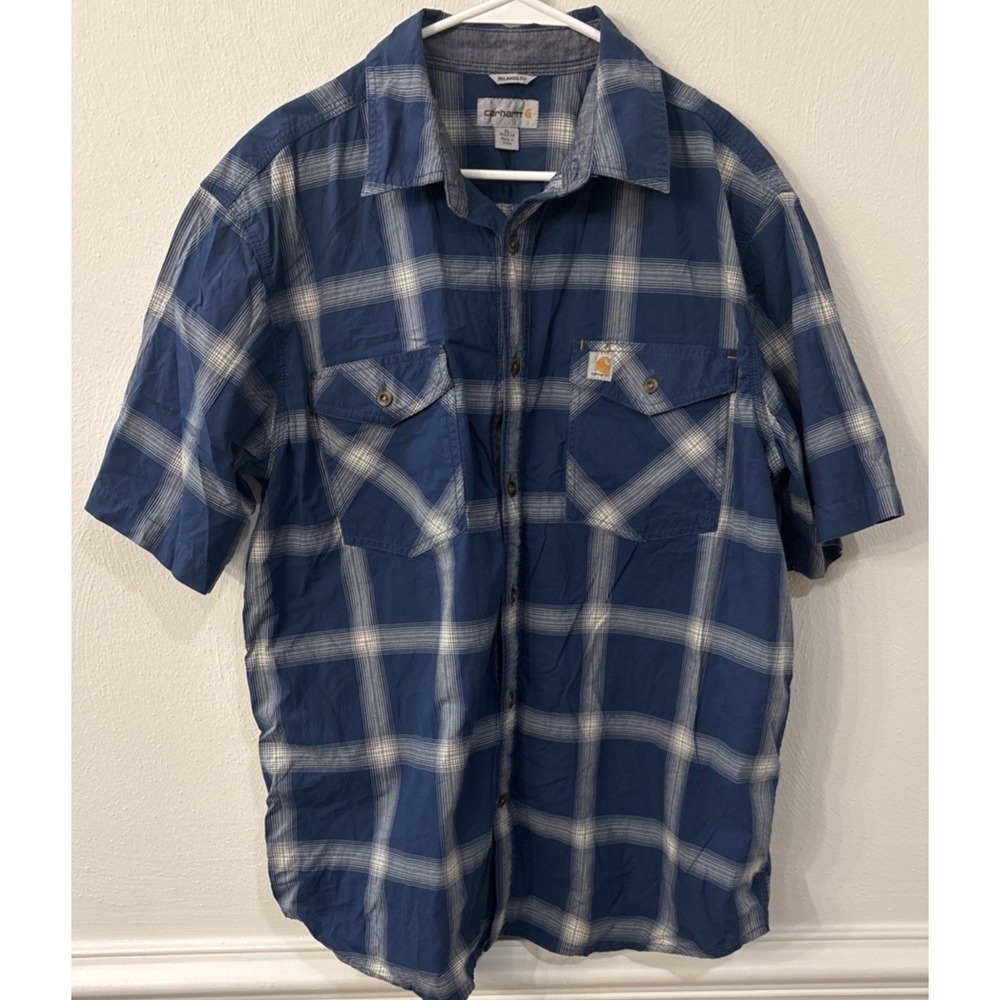 Carhartt Mens XL Short Sleeve Blue Plaid Shirt Relaxed‎ Fit